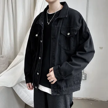 Fekete farmerdzseki Férfi lehajtható gallér Farmer kabátok Több zsebes overallok Streetwear Laza alkalmi férfi ruházat Felsőruházat
