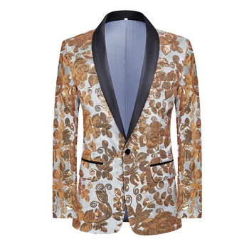 Shiny Gold virágos flitteres öltönykabát férfiak 2024 Brand Single Button Shawl Lapel One Button Tuxedo Blazer Men Party Costume Homme