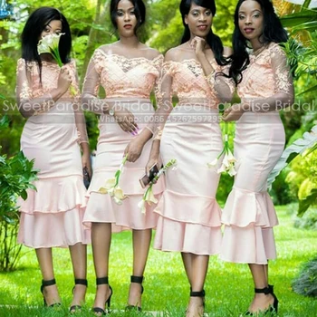 Többszintű trombita koszorúslány ruhák puszta csipke hosszú ujjú vállról Tea hosszúságú sellő esküvői parti ruha nőknek