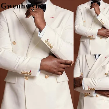 Gwenhwyfar Bézs színű férfi öltönyök szabott 2 darab mandzsetta és nyakkivágás speciális kialakítása csúcsos hajtóka esküvői formális gyöngyök egyedi