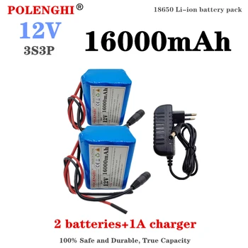 POLENGHI 100% valós kapacitású 3S3P akkumulátor 18650 lítium-ion 12V 16000mAh újratölthető akkumulátor BMS + DC12.6V töltővel