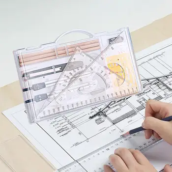Építészek Iránytű vonalzó precíziós geometria készlet sokoldalú átlátszó hordtáska rajzsablon barkácsoló ezermesterek számára