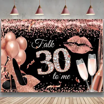 Boldog 30. születésnapot Háttér Lady Talk 30 to Me Rose Gold Photography Háttér Ezüst rózsaszín magas sarkú pezsgő Harminc party