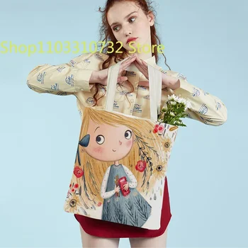 Aranyos rajzfilm lány dupla nyomtatott újrafelhasználható vászon diák táska kézitáska mesevilág szép gyermek ajándék alkalmi bevásárlótáska