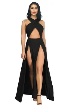 Szexi keresztpánt a vállról Egyszínű osztott fekete hosszú ruha 2020 nyári nők Aszimmetrikus Party Club ruha Plus méret M-3XL
