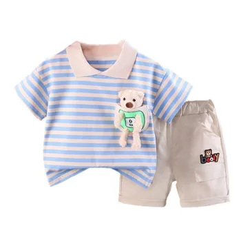 Új nyári divat Babaruha öltöny Gyermek fiú csíkos póló rövidnadrág 2db/szett kisgyermek alkalmi pamut jelmez gyerek tréningruha