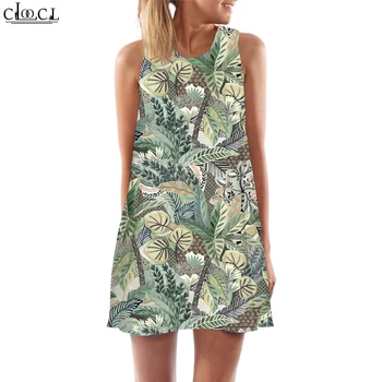 CLOOCL női mellényruha Esőerdő növényi minta nyomtatott ujjatlan rövid ruha party ruházat laza alkalmi tank felsők ruhák
