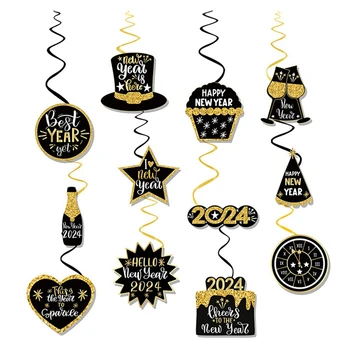 Boldog új évet Fekete arany party dekorációs kellékek Függő dekorációk Európai és amerikai medálok