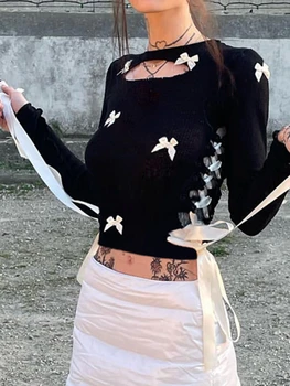 WeiYao Side Split Hollow Out Bandage Crop Top Hotsweet Cute Bow Vintage Y2K felsők Hosszú ujjú fekete pólók női ruházathoz