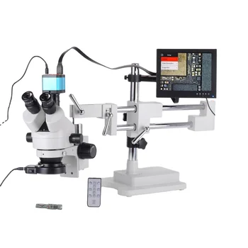 7X-45X asztal oszlopra szerelhető nagyítás zoom Trinokuláris sztereó mikroszkóp NYÁK ellenőrzése 14MP mikroszkóp kamera + 8 hüvelykes LCD monitor