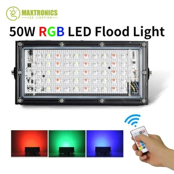 ÚJ 50W RGB LED árvízfény távirányítóval 7color vízálló AC220 kültéri kerthez LED utcai lámpa tájvilágítás