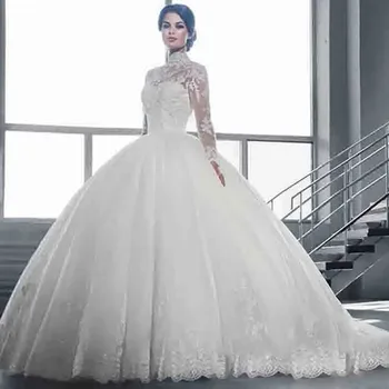 He Mei gyönyörű magas nyakkivágású esküvői ruhák báli ruhák teljes ujjú csipke rátétes menyasszonyi ruha Vestidos de Novia