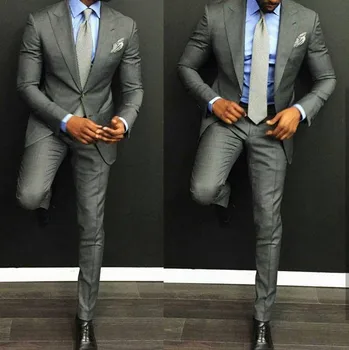 Custom Grey Men öltönyök Kiváló minőségű esküvői vőlegény Tuxedos 2 részes alkalmi üzleti blézer Masculino Slim Fit divatkabát nadrág