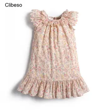 2024 Clibeso Nyári lányok Ruhák Repülő ujjú alkalmi fodros hercegnő ruhák Szilárd gyermek ruházat Virág Baba gyerek ruhák