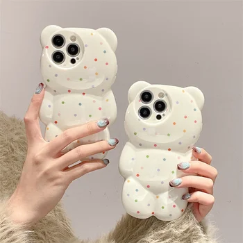 koreai aranyos pöttyös medve telefontok iPhone 15 Pro 11 12 13 14 Pro Max hátlaphoz rajzfilm szilikon ütésálló tokok Lányok