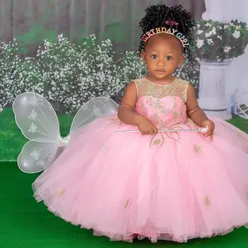Csipke rózsaszín virág lány ruhák esküvői tüll puszta nyakú báli ruha kisgyerekek születésnapi zsúrruhák elsőáldozási szépségverseny viselet