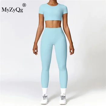 MyZyQg női jóga szettek Nagy intenzitású szűk rövid ujjú póló Pant kívül Szabadidő Sport Pilátus futás Fitness leggings öltöny