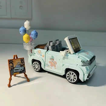 Gyermekjátékok Világoskék kabrió virág matrica Léggömb festés Autók festőállvány 3D modell DIY Mini blokkok Téglaépítés