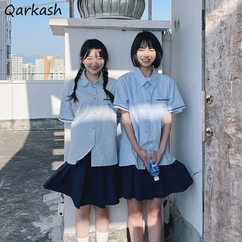 Női szettek 2 darab Preppy stílusú japán változat laza egyszerű rövid ujjú ingek rakott magas derékú szoknyák Diákok hangulatos vintage
