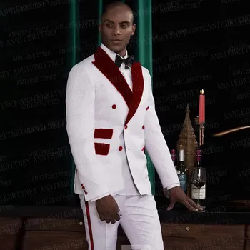 Egyedi fehér férfi esküvői ruhák 2 részes vőlegény báli parti szmocsár Tuxedo Slim Fit blézer bordó gallér dupla mellű kabát nadrág szett