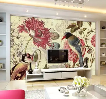 Beibehang Lakberendezés Tapéta nappali hálószoba falfestmények Európai stílusú, kézzel festett virágok és madarak falfestmény 3D tapéta