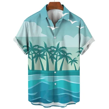 Új férfi Hawaii ing pálmafák nyomtatott trópusi stílusú tengerparti rövid ujjú pólófelsők plusz méret hajtókás pólók férfiaknak nyár