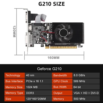 GT210 1G DDR3 grafikus kártya 64Bit 589MHZ 500MHZ DVI + VGA+-kompatibilis videokártya csere tartozékok