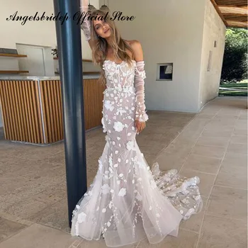 Angelsbridep sellő esküvői ruhák 3D csipke rátétek Boho tüll esküvői ruhák Levehető ujjak Sweep vonat Vestidos De Novia
