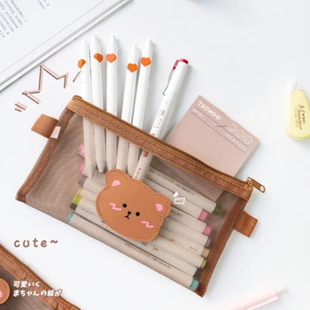Aranyos medve ceruza táska toll tok rajzfilm hálós csomag kávé színes tároló tasak írószerhez Irodai iskola F670