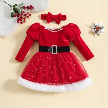 Karácsonyi ruha szettek Toddler Kids Girl Red Sequins Tüll Bow Tutu Farsangi öltöztetős ruhák Party Xmas Cosplay jelmezek 6M-4Y