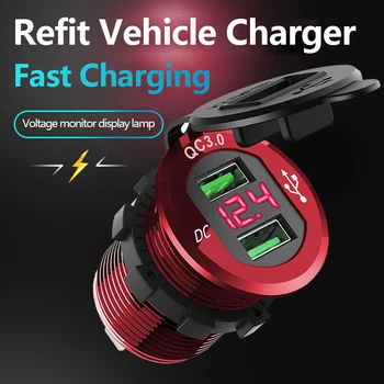 24V Car Quick Charge 3.0 kettős USB töltő vízálló aljzat alumínium konnektor Gyors töltés LED voltmérővel