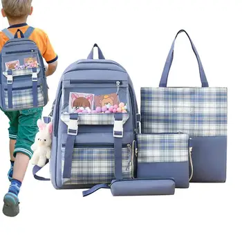 Aranyos hátizsák készlet lányoknak Utazás esztétikus hátizsák 4db Iskolatáska készlet nyuszi medállal Könyvek tollak Snackek Játékok Víz