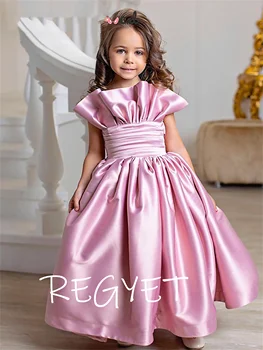 Szatén lányok hercegnő ruha Luxe kislány ruha puffadt virág lány ruhák aranyos gyermek esküvői parti ruha gyerek ruhák