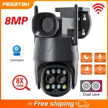 8MP 4K Wifi CCTV IP kamera szirénával kettős lencsével 2.8mm-8mm kültéri 8X zoom AI emberi nyomkövető éjjellátó megfigyelő PTZ kamerák