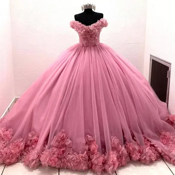 Birs XV Vestidos De 15 Años rózsaszín quinceanera ruhák virágos rátéttel Volume Girls XV Brithday Wear