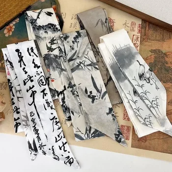 Új fehér daru Kínai ősi stílusú fejpánt hosszú selyem sál női haj kiegészítők tintafestés Kínai stílusú nyakkendő fejpánt