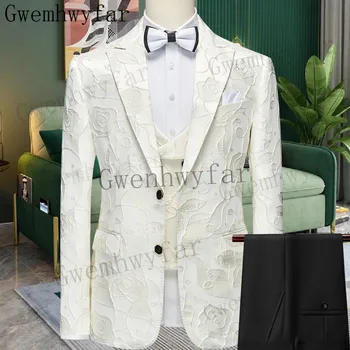 Gwenhwyfar divatruhák férfiaknak Slim Fit 3 részes kabát mellény nadrág szett Hivatalos vőlegény esküvő csúcsos hajtóka szmokingi férfi üzlet