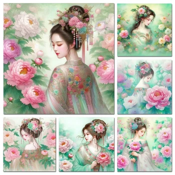 Kínai gyémántfestés Ősi nő bazsarózsa virág Teljes gyémánt mozaik Új strassz keresztöltés hímzés Lakberendezés FF1813