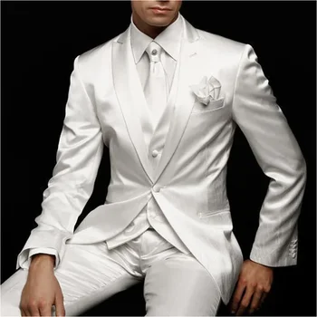 Fehér esküvői vőlegény öltönyök Teljes szett Slim Fit Satin Blazer Tuxedos hivatalos báli parti férfi öltönyök Alkalmi férfi öltönyök 2024 egyedi készítésű