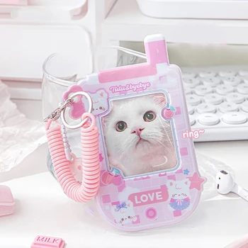 INS Aranyos rózsaszín kék telefon alakú tekercs kártyatartó macska kiskutya nyomtatás fotókártya tartó Idol fotók Kártyahüvely Védőtartó