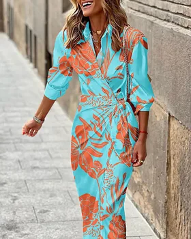 Női csomózott színes blokk csíkos mintás ingruha Őszi divat Femme lehajtható gallér hosszú ujjú maxi ruha ruhák