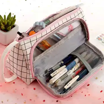 Többrétegű álló toll tároló táska tok Toll ceruza táska Nagy kapacitású kozmetikai utazási tároló táska Egyszerű kockás ceruza tok
