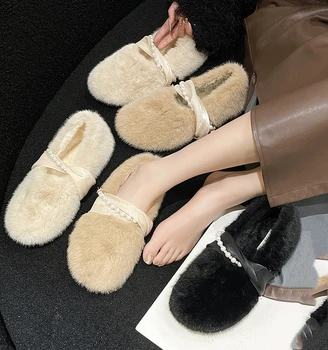 Loafers Lapos cipők Női női papucsok Luxus csúszdák Szőrme flip flopok Téli lábbeli Flock String Bead Low 2023 Designer Plus