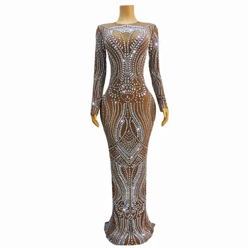 Szexi ezüst strasszok Sötét meztelen átlátszó ruha Születésnap Ünnepelje a báli ruhát Bál Női énekes Modell Show Színpadi hosszú ruhák