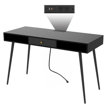 Modern íróasztal fiókokkal, többfunkciós otthoni irodai számítógép asztal USB portokkal és konnektorral