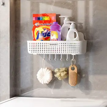 Műanyag fürdőszobai polc egyszerű, lyukasztás nélküli fehér tárolókosár kampóval Falra szerelhető WC-tároló állvány sampon