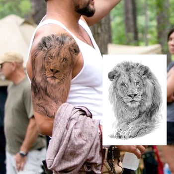 Férfi divat oroszlán ideiglenes tetoválás matrica férfiaknak Fiúk vízálló hamis fekete állat Tatoos matrica 3D ceruza vázlat dekoráció