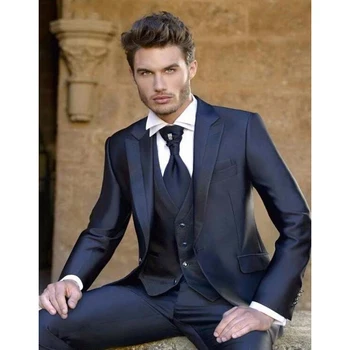 Férfi öltöny 3 részes divat bevágásos hajtóka egymellű sötétkék szmokingkék intelligens alkalmi vőlegény esküvői ruhák férfiaknak Slim Fit 2023