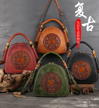 Valódi bőr női táska Retro stílusú kézitáska Kínai tervező váll keresztvázas kézitáska felső rétegű marhabőr Tote Shell táskák