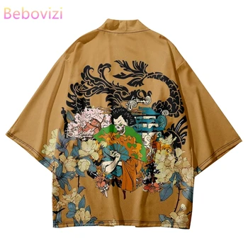 Japán stílusú gésa mintás hagyományos kimonó női férfi Yukata Cardigan ingek Haori túlméretezett streetwear narancssárga felsők